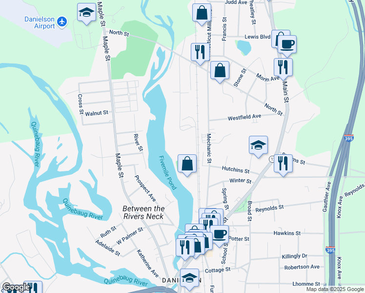 map of restaurants, bars, coffee shops, grocery stores, and more near 189 Commerce Avenue in Killingly