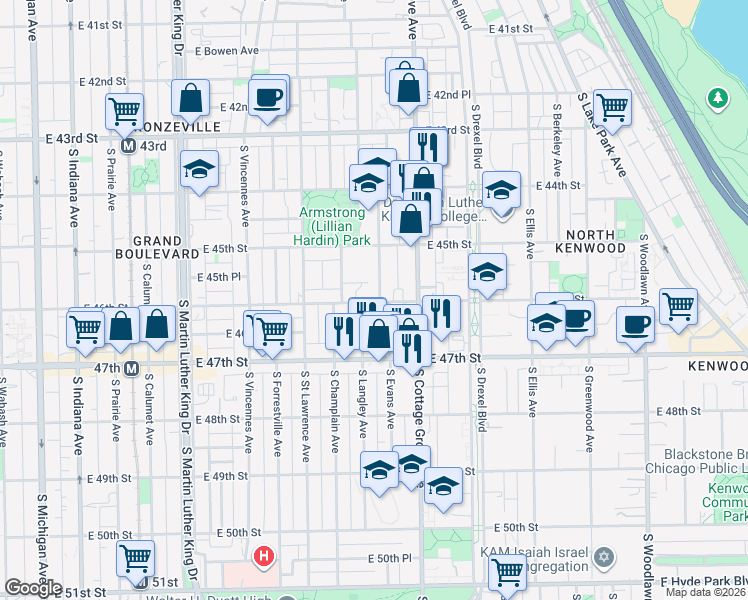 map of restaurants, bars, coffee shops, grocery stores, and more near 4604 South Langley Avenue in Chicago