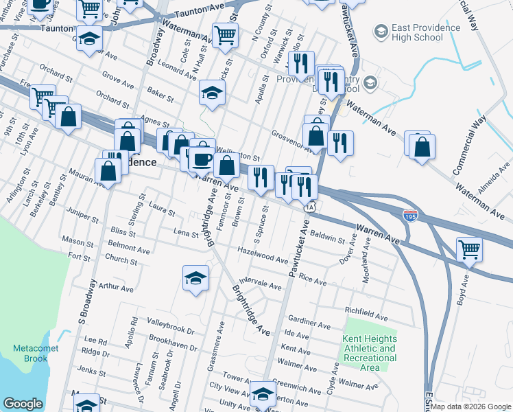 map of restaurants, bars, coffee shops, grocery stores, and more near 10 Woodland Avenue in East Providence