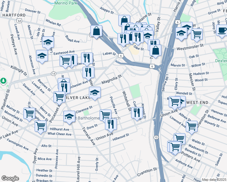map of restaurants, bars, coffee shops, grocery stores, and more near 89 Clarence Street in Providence