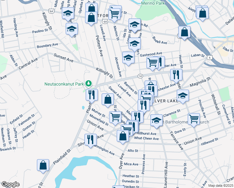 map of restaurants, bars, coffee shops, grocery stores, and more near 67 Daniel Avenue in Providence