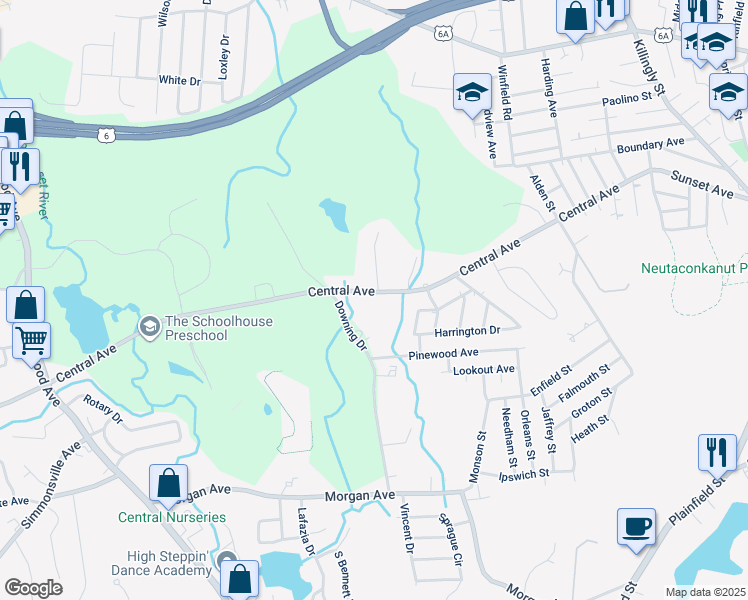 map of restaurants, bars, coffee shops, grocery stores, and more near 236 Central Avenue in Johnston