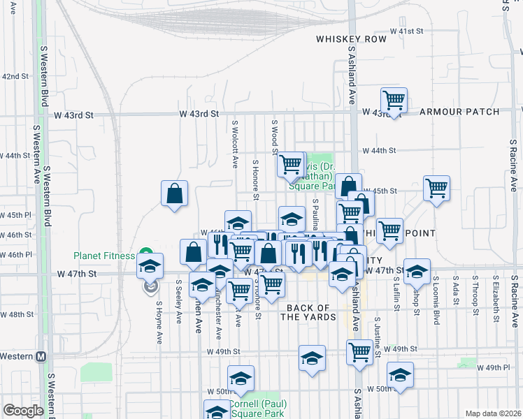 map of restaurants, bars, coffee shops, grocery stores, and more near 4535 South Honore Street in Chicago