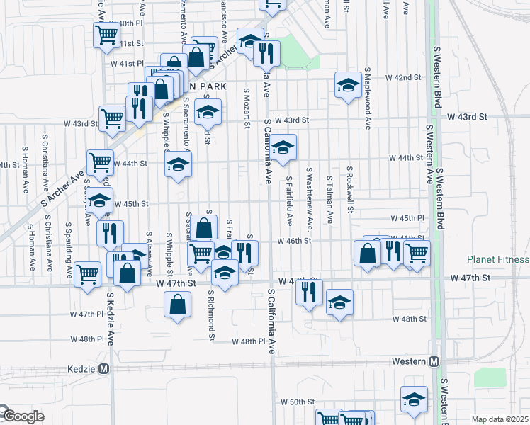 map of restaurants, bars, coffee shops, grocery stores, and more near 4530 South California Avenue in Chicago