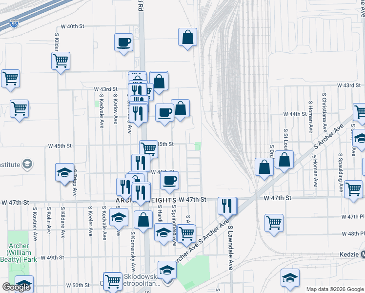 map of restaurants, bars, coffee shops, grocery stores, and more near 3824 West 45th Place in Chicago