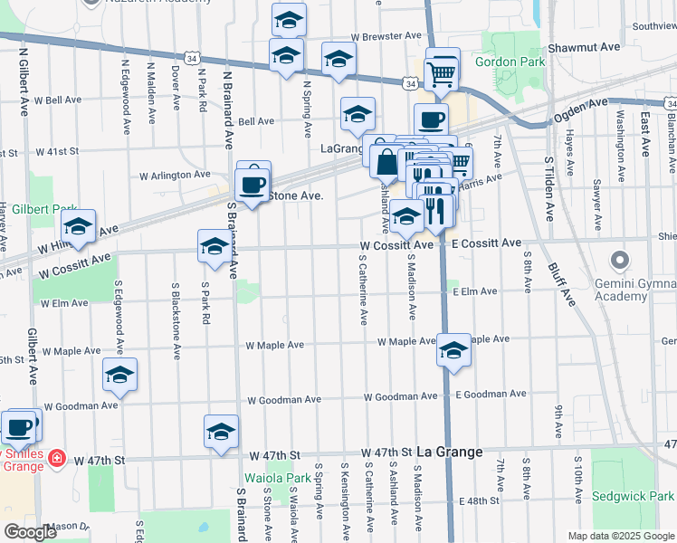 map of restaurants, bars, coffee shops, grocery stores, and more near 134 South Kensington Avenue in La Grange
