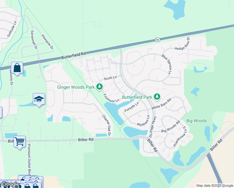 map of restaurants, bars, coffee shops, grocery stores, and more near 2324 Foxmoor Lane in Aurora
