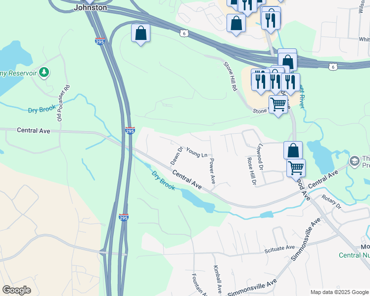 map of restaurants, bars, coffee shops, grocery stores, and more near Young Lane in Johnston