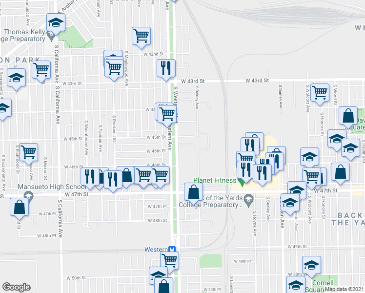map of restaurants, bars, coffee shops, grocery stores, and more near 21 in Chicago
