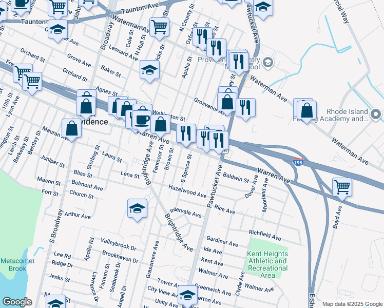 map of restaurants, bars, coffee shops, grocery stores, and more near 125 South Rose Street in East Providence