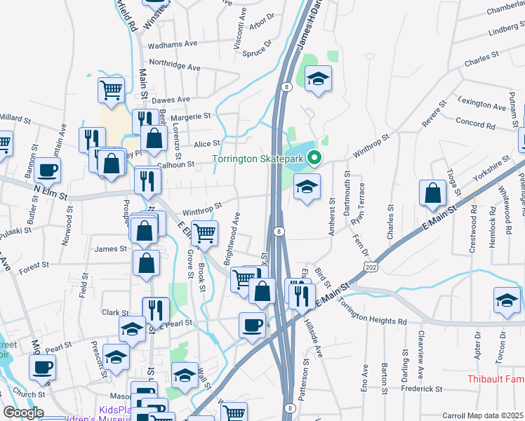 map of restaurants, bars, coffee shops, grocery stores, and more near 155 Kinney Street in Torrington