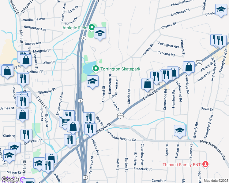 map of restaurants, bars, coffee shops, grocery stores, and more near 11 Ryan Terrace in Torrington