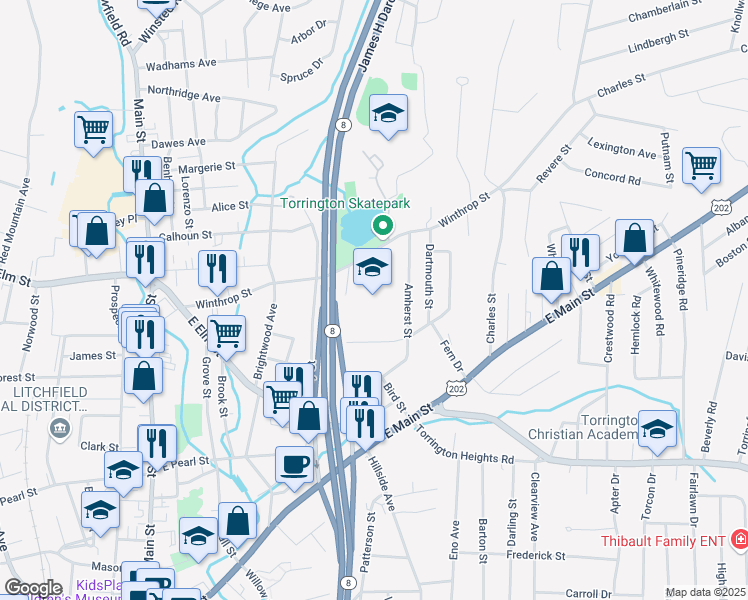 map of restaurants, bars, coffee shops, grocery stores, and more near 75 Oliver Street in Torrington