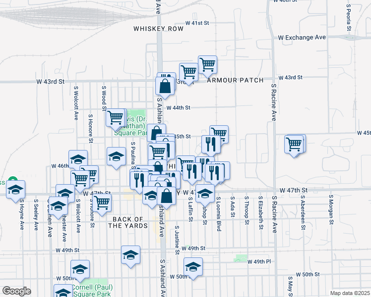 map of restaurants, bars, coffee shops, grocery stores, and more near 4544 South Laflin Street in Chicago