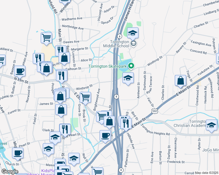 map of restaurants, bars, coffee shops, grocery stores, and more near 155 Kinney Street in Torrington