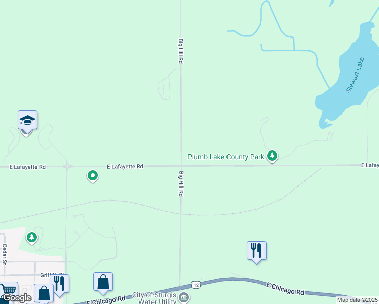 map of restaurants, bars, coffee shops, grocery stores, and more near 29000 East Lafayette Road in Sturgis