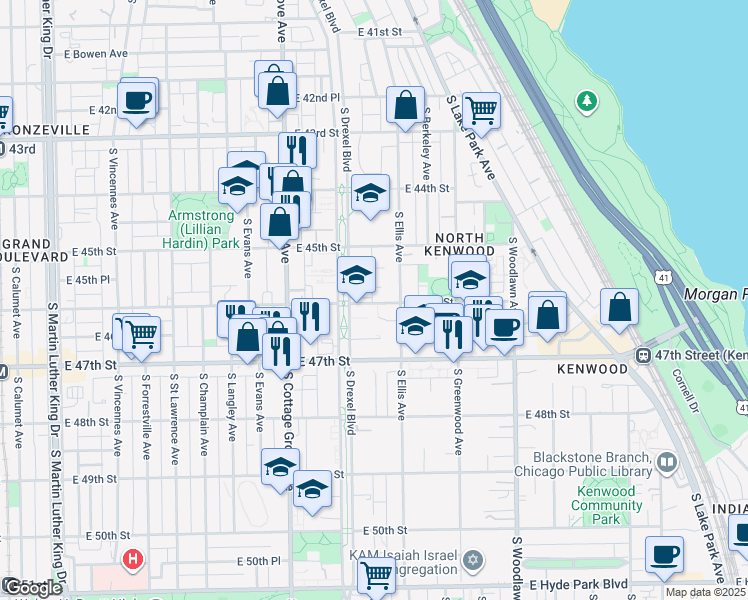 map of restaurants, bars, coffee shops, grocery stores, and more near 925 East 46th Street in Chicago