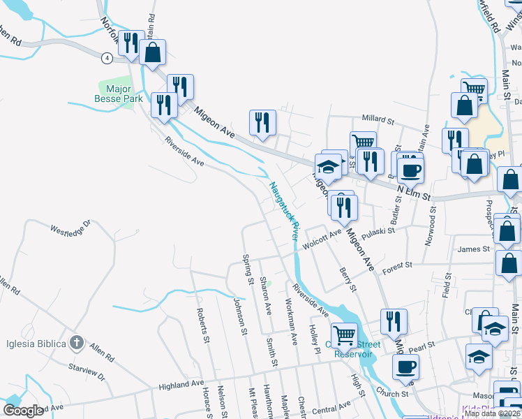 map of restaurants, bars, coffee shops, grocery stores, and more near 389 Riverside Avenue in Torrington