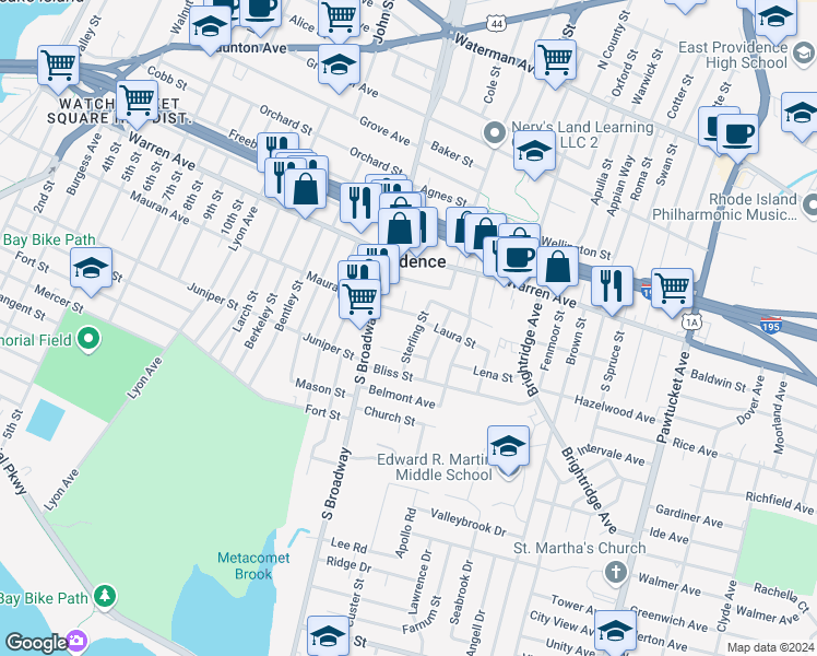 map of restaurants, bars, coffee shops, grocery stores, and more near 20 Lena Street in East Providence