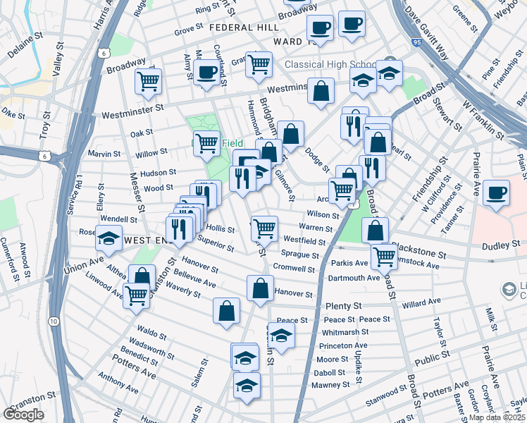 map of restaurants, bars, coffee shops, grocery stores, and more near 79 Warren Street in Providence