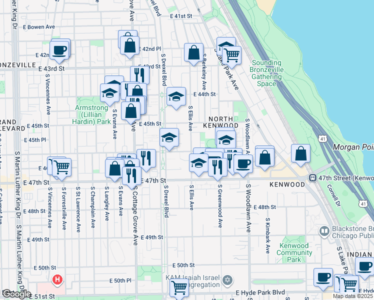 map of restaurants, bars, coffee shops, grocery stores, and more near 4611 South Ellis Avenue in Chicago