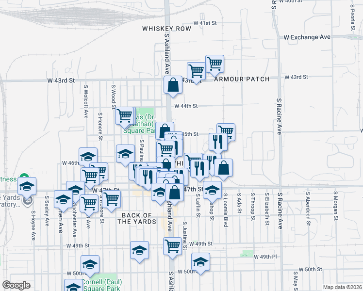 map of restaurants, bars, coffee shops, grocery stores, and more near 4541 South Ashland Avenue in Chicago
