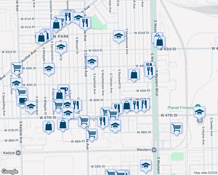 map of restaurants, bars, coffee shops, grocery stores, and more near 4529 South Washtenaw Avenue in Chicago