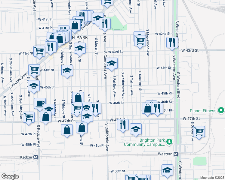 map of restaurants, bars, coffee shops, grocery stores, and more near 4531 South Fairfield Avenue in Chicago