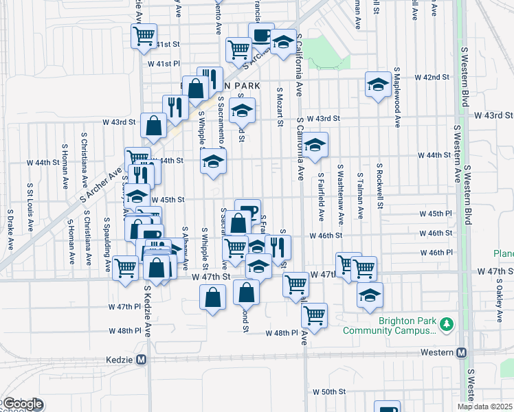 map of restaurants, bars, coffee shops, grocery stores, and more near 4525 South Richmond Street in Chicago