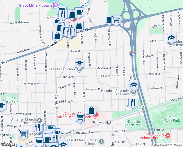 map of restaurants, bars, coffee shops, grocery stores, and more near 334 The Lane in Hinsdale