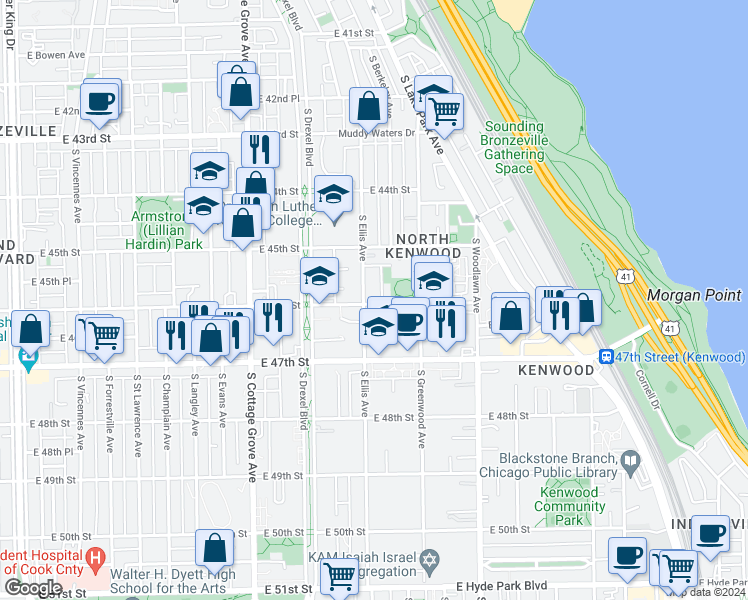 map of restaurants, bars, coffee shops, grocery stores, and more near 4559 South Ellis Avenue in Chicago