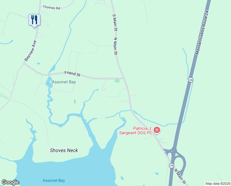 map of restaurants, bars, coffee shops, grocery stores, and more near 103 North Main Street in Freetown