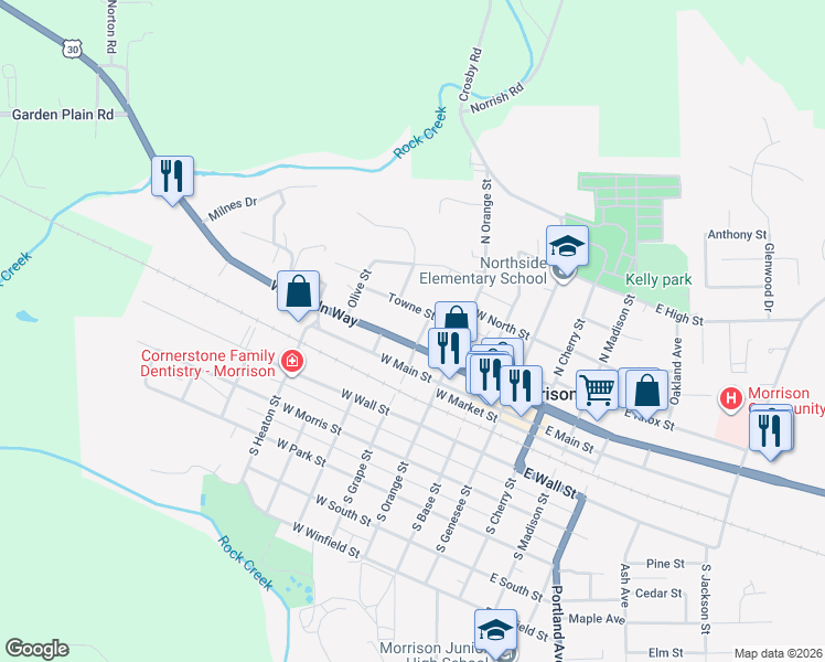 map of restaurants, bars, coffee shops, grocery stores, and more near 309 West Lincoln Way in Morrison