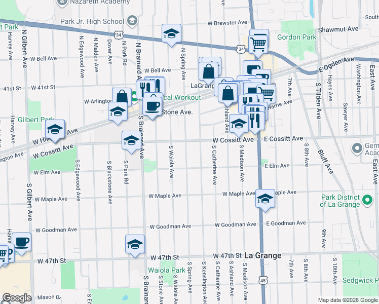 map of restaurants, bars, coffee shops, grocery stores, and more near 115 South Spring Avenue in La Grange
