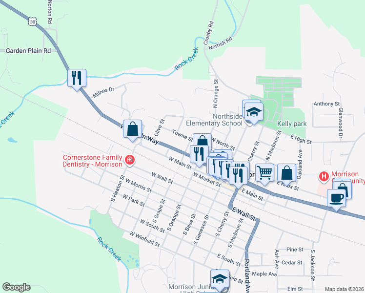 map of restaurants, bars, coffee shops, grocery stores, and more near 402 West Lincoln Way in Morrison