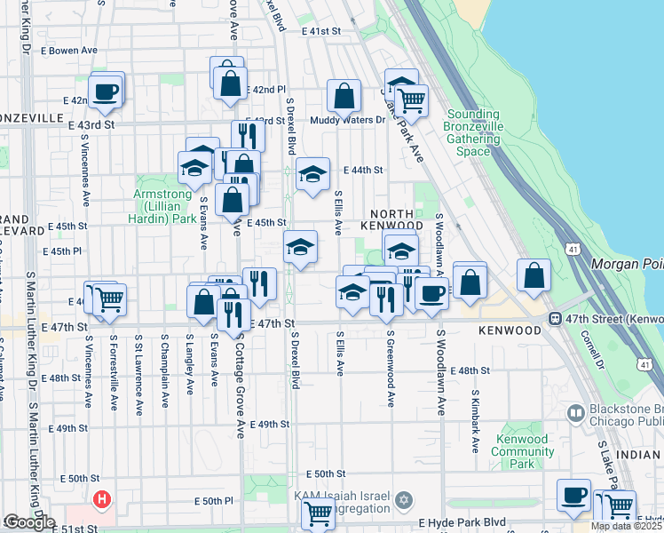 map of restaurants, bars, coffee shops, grocery stores, and more near 4556 South Ellis Avenue in Chicago
