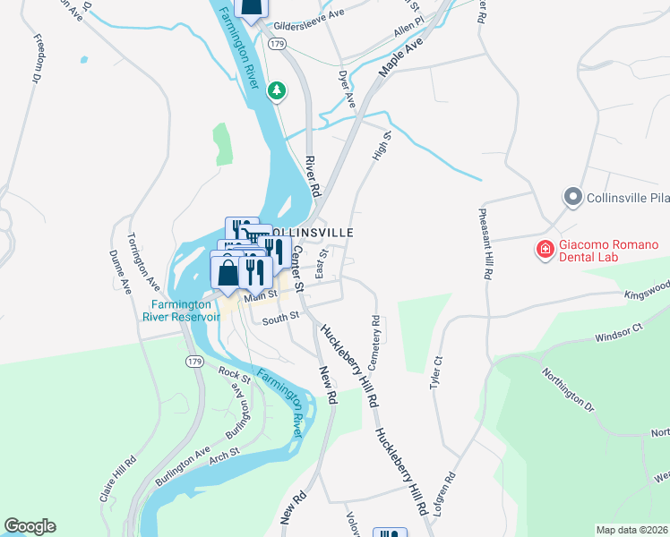 map of restaurants, bars, coffee shops, grocery stores, and more near 153 Main Street in Canton