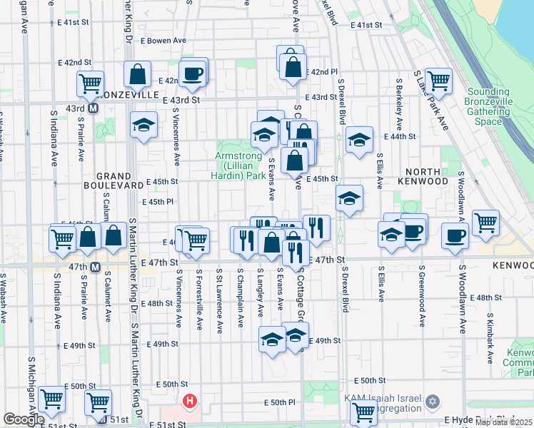 map of restaurants, bars, coffee shops, grocery stores, and more near 4604 South Langley Avenue in Chicago