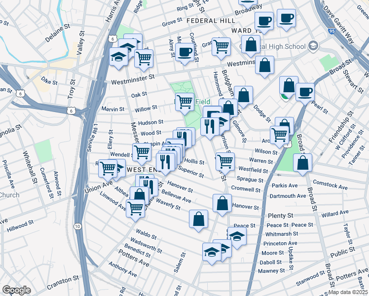 map of restaurants, bars, coffee shops, grocery stores, and more near 43 Hollis Street in Providence