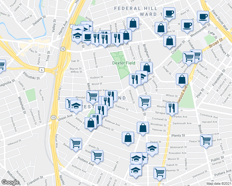 map of restaurants, bars, coffee shops, grocery stores, and more near 43 Hollis Street in Providence