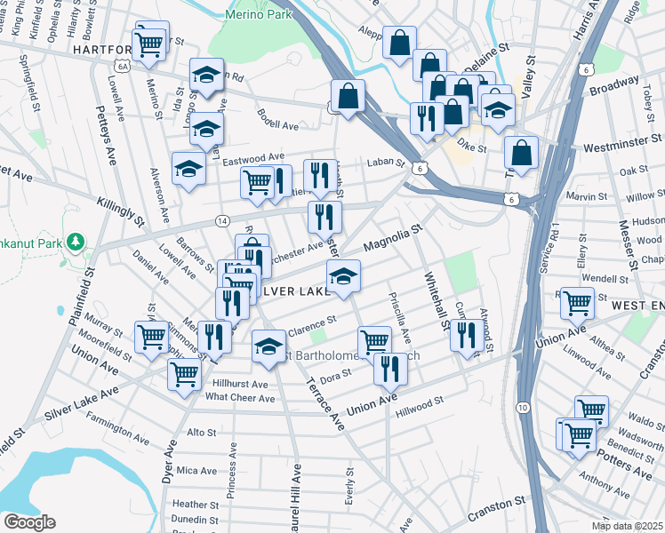 map of restaurants, bars, coffee shops, grocery stores, and more near 169 Webster Avenue in Providence