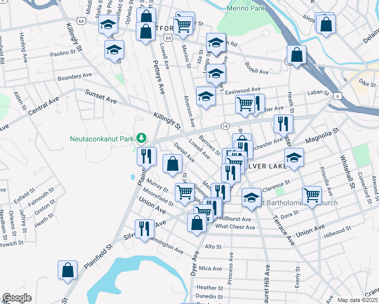 map of restaurants, bars, coffee shops, grocery stores, and more near 67 Daniel Avenue in Providence
