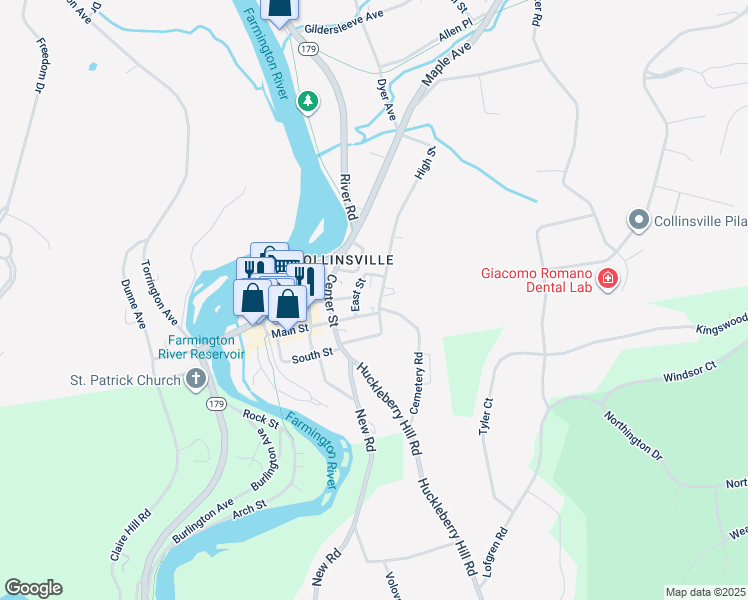 map of restaurants, bars, coffee shops, grocery stores, and more near 153 Main Street in Canton