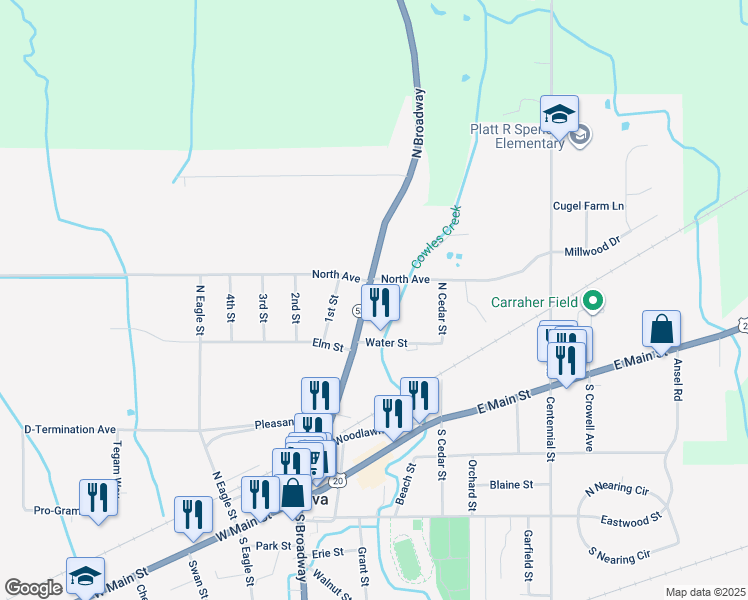 map of restaurants, bars, coffee shops, grocery stores, and more near 449 North Broadway in Geneva