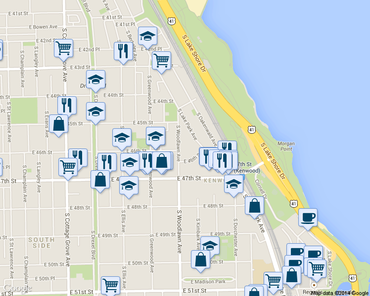 map of restaurants, bars, coffee shops, grocery stores, and more near 4610 South Woodlawn Avenue in Chicago