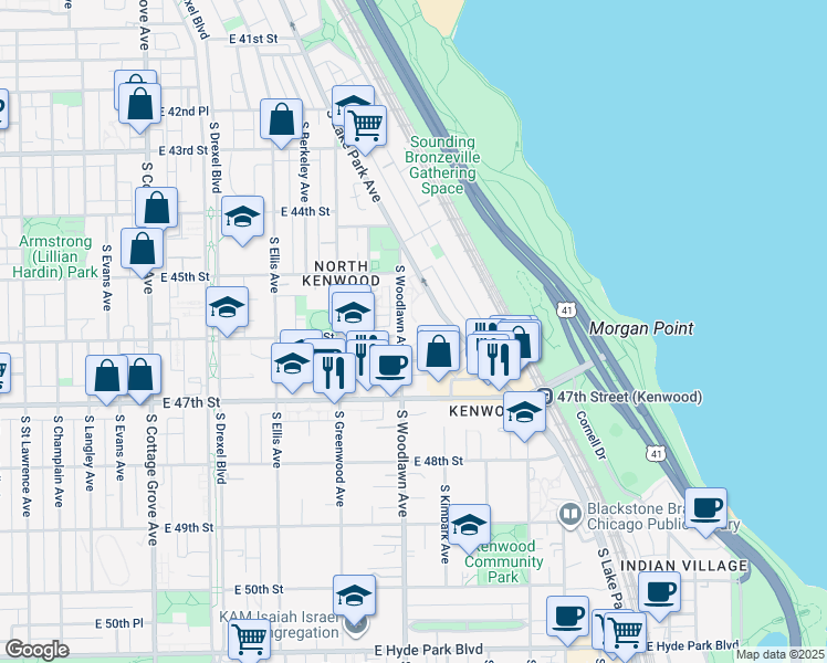 map of restaurants, bars, coffee shops, grocery stores, and more near 4610 South Woodlawn Avenue in Chicago
