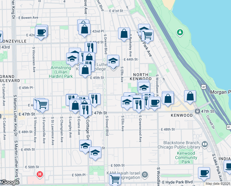 map of restaurants, bars, coffee shops, grocery stores, and more near 4611 South Drexel Boulevard in Chicago
