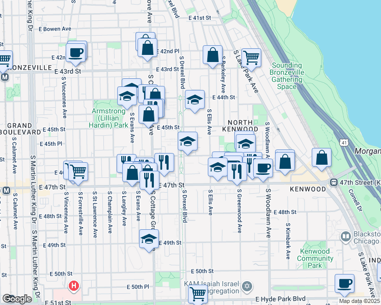 map of restaurants, bars, coffee shops, grocery stores, and more near 925 East 46th Street in Chicago