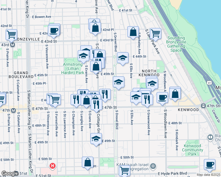 map of restaurants, bars, coffee shops, grocery stores, and more near 4616 South Drexel Boulevard in Chicago