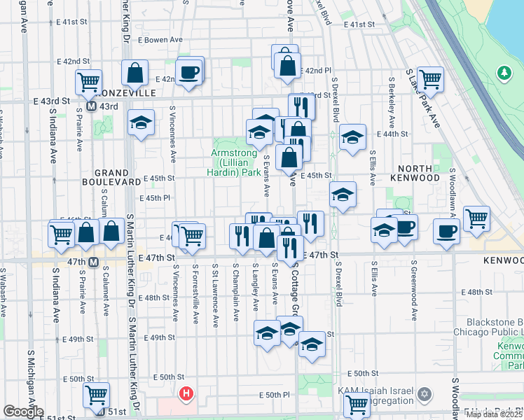 map of restaurants, bars, coffee shops, grocery stores, and more near 4604 South Langley Avenue in Chicago